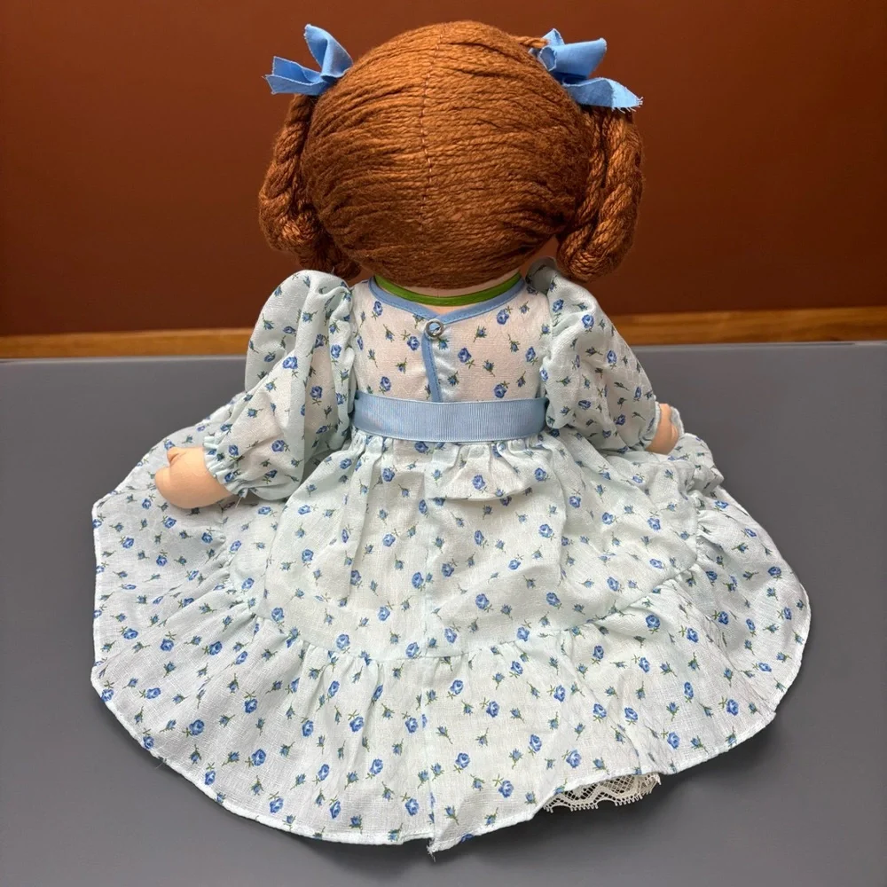 Vintage Handmade Cloth Doll Rag Doll Folk Art Blue Dress Slip Bloomers Yarn Hair
